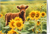 Summer Solstice Cute Highlander Calf Cow in Sunflowers Butterflies card