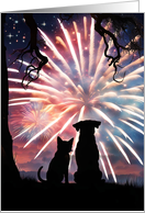 4th of July Cute Dog and Cat Watching Fireworks Whimsical card