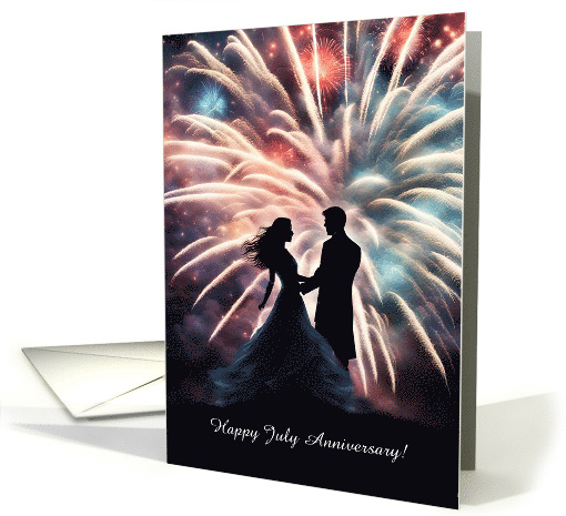 July Wedding Anniversary with Fireworks and Couple Customizable card