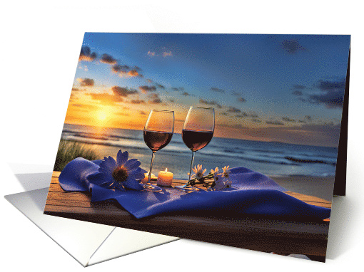 Beach and Wine with Sunset on the Water Flowers Candle Blank Note card
