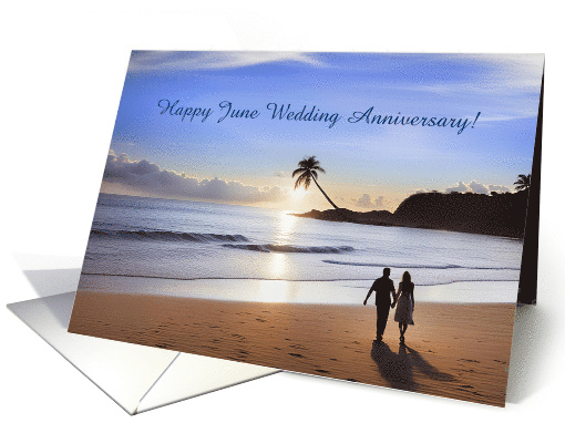 June Wedding Anniversary with Couple on Beach Sunset Customizable card