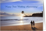 June Wedding Anniversary with Couple on Beach Sunset Customizable card