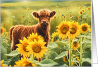 Thinking of You Cute Highlander Calf in Sunflowers and Butterflies card