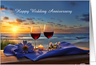 Anniversary Beach Coastal with Wine Flowers and Candle Sunset Custom card