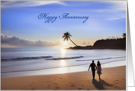 Anniversary Couple Walking on Beach with Waves Palm Tree Custom card