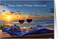 August Wedding Anniversary with Wine on the Coast Sunset Customizable card