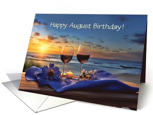 August Birthday with Wine on the Coast Shore Sunset Customizable card
