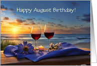 August Birthday with Wine on the Coast Shore Sunset Customizable card