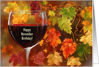 November Happy Birthday with Wine Glass Fall Foliage Custom Text card