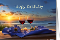 Birthday with Wine on the Beach at Sunset Pretty Coastal Customizable card