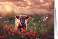 Hello Highland Calf Cow Cattle in Flower Field with Butterflies Cute card