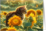 Summer Solstice Litha Midsummers Eve Cute Cat and Sunflowers card