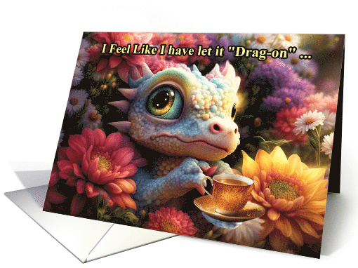 Hi Hello Cute Big Eyed Little Dragon with Cup of Tea with Flowers card