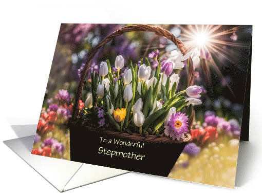 Step Mother Happy Mothers Day with Basket of Tulips Customizable card