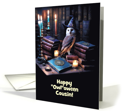 Cousin Happy Halloween with Cute Wizard Owl Magic Books Customize card