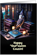 Cousin Happy Halloween with Cute Wizard Owl Magic Books Customize card