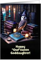 Goddaughter Happy Halloween with Owl and Magical Books Fun Custom card