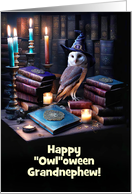 Grandnephew Cute Happy Halloween with Owl and Magical Books Custom card