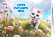 Mothers Day General with Cute White Kitten Flowers Hearts Custom card