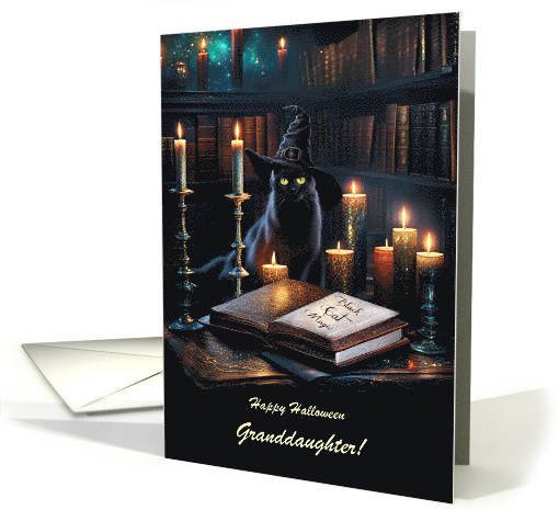Granddaughter Happy Halloween Enchanted Library Black Cat Custom card