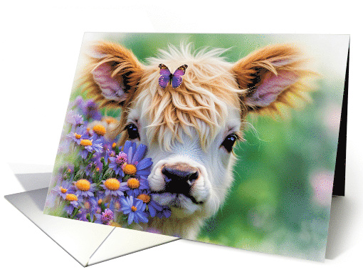 Thinking of You Highland Calf Flowers and Butterflies Cute card