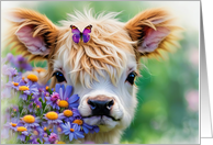 Thinking of You Highland Calf Flowers and Butterflies Cute card