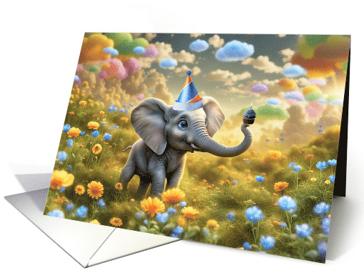 Birthday Cute Elephant with Birthday Hat and Cupcake in... (1844048)