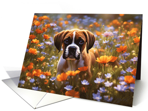 Missing You Cute Boxer Puppy Dog in Wildflower Field Big Eyes card