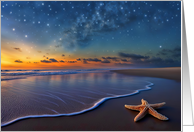 Summer Solstice Midsummers Eve Beach with Starfish Cosmos and Sunset card