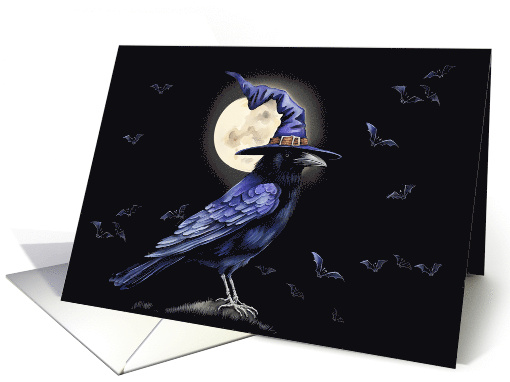 Raven in Warlock Hat with Bats and Moon General Halloween card