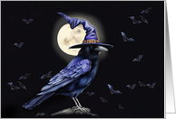 Raven in Warlock Hat with Bats and Moon General Halloween card