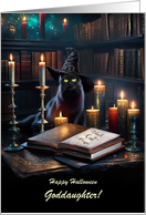 Goddaughter Happy Halloween with Cute Witchy Cat and Books Custom card