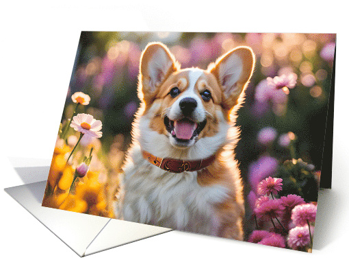 Thinking of You Cute Smiling Corgi Puppy Dog in a Flower Field card