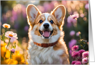 Thinking of You Cute Smiling Corgi Puppy Dog in a Flower Field card