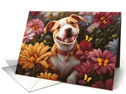 Thinking of You Cute Smiling Pitbull Puppy Dog in Flowers... (1846018)