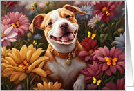 Thinking of You Cute Smiling Pitbull Puppy Dog in Flowers Butterflies card