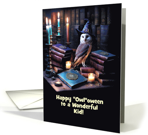 Kids Happy Halloween Magical Owl and Books Candles Custom Text card