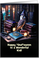 Kids Happy Halloween Magical Owl and Books Candles Custom Text card