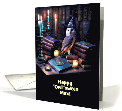 Halloween Custom Name with Cute Owl and Magic Books Mystical card