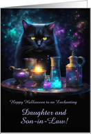 Daughter and Son in Law Happy Halloween with Black Cat Potions Custom card