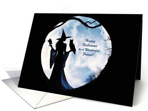 Friend Happy Halloween with Witch and Moon Owl Raven Custom Text card