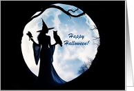 Halloween Beautiful Silhouetted Witch Owl Raven Familiars Moon Custom card