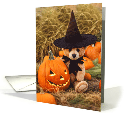 Halloween Cute Teddy Bear and Jack O Lantern in a Pumpkin Patch card