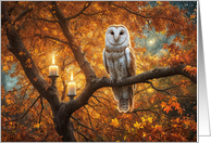 Autumn Equinox Beautiful Owl Candles and Fall Foliage Mabon Blessings card