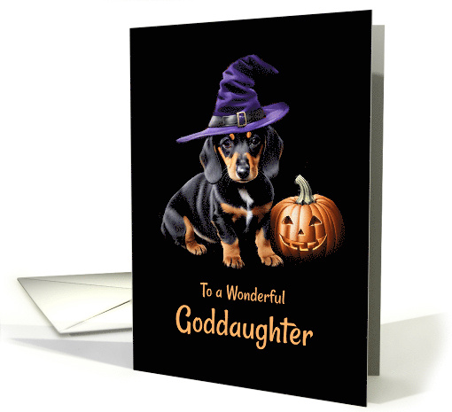 Goddaughter Happy Halloween Cute Dachshund Pup with Pumpkin card
