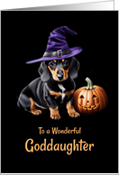 Goddaughter Happy Halloween Cute Dachshund Pup with Pumpkin card
