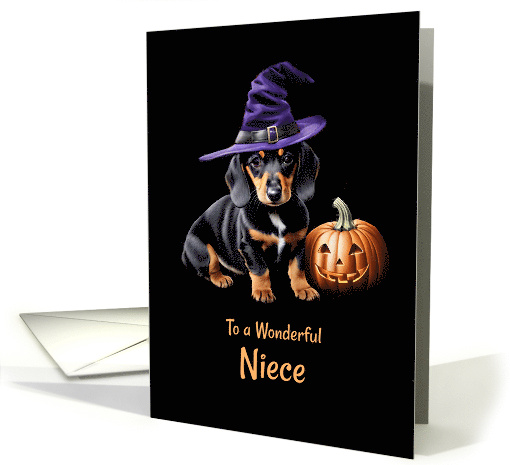 Niece Happy Halloween Cute Dachshund Puppy with Jack O Lantern card