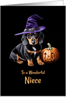 Niece Happy Halloween Cute Dachshund Puppy with Jack O Lantern card