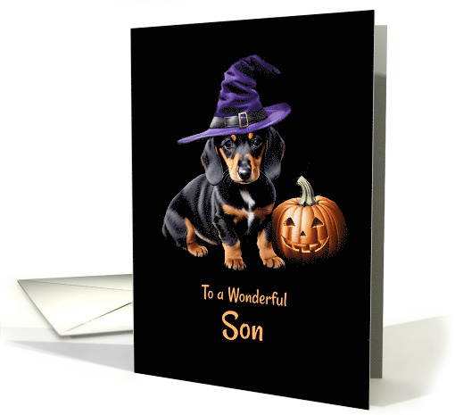 Son Happy Halloween with Cute Weiner Dog Dachshund with Pumpkin card