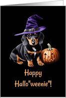 Happy Halloween Cute Dachshund Puppy with Grinning Jack O Lantern card